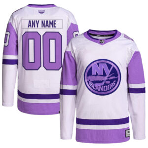 New York Islanders CJP Apparel Hockey Fights Cancer Primegreen Pro Custom Jersey - WhitePurple