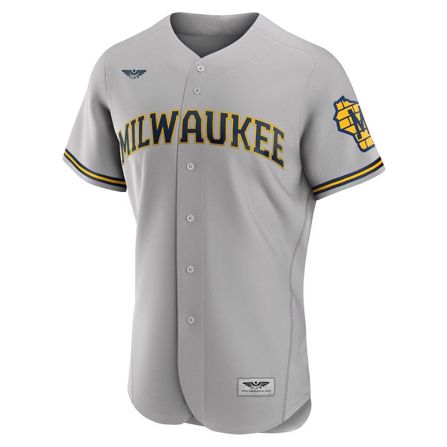 Milwaukee-Brewers-CJP-Apparel-Road-Pro-Team-Logo-Jersey---Gray-Furent-Viwe
