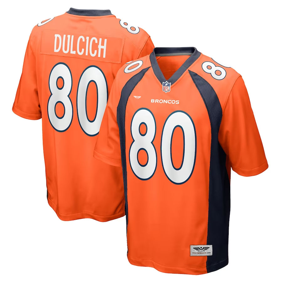 Greg-Dulcich-Denver-Broncos-CJP-Apparel-Game-Player-Jersey---Orange