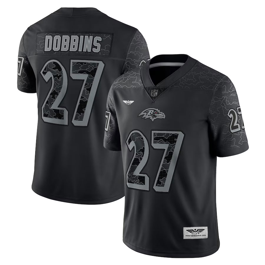 J K -Dobbins-Baltimore-Ravens-CJP-Apparel-RFLCTV-Limited-Jersey---Black