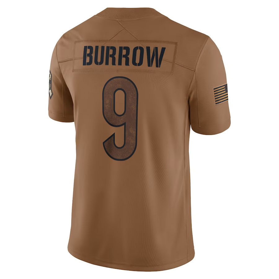 Joe-Burrow-Cincinnati-Bengals-CJP-Apparel-2023-Salute-To-Service-Limited-Jersey---Brown.Back-Viwe
