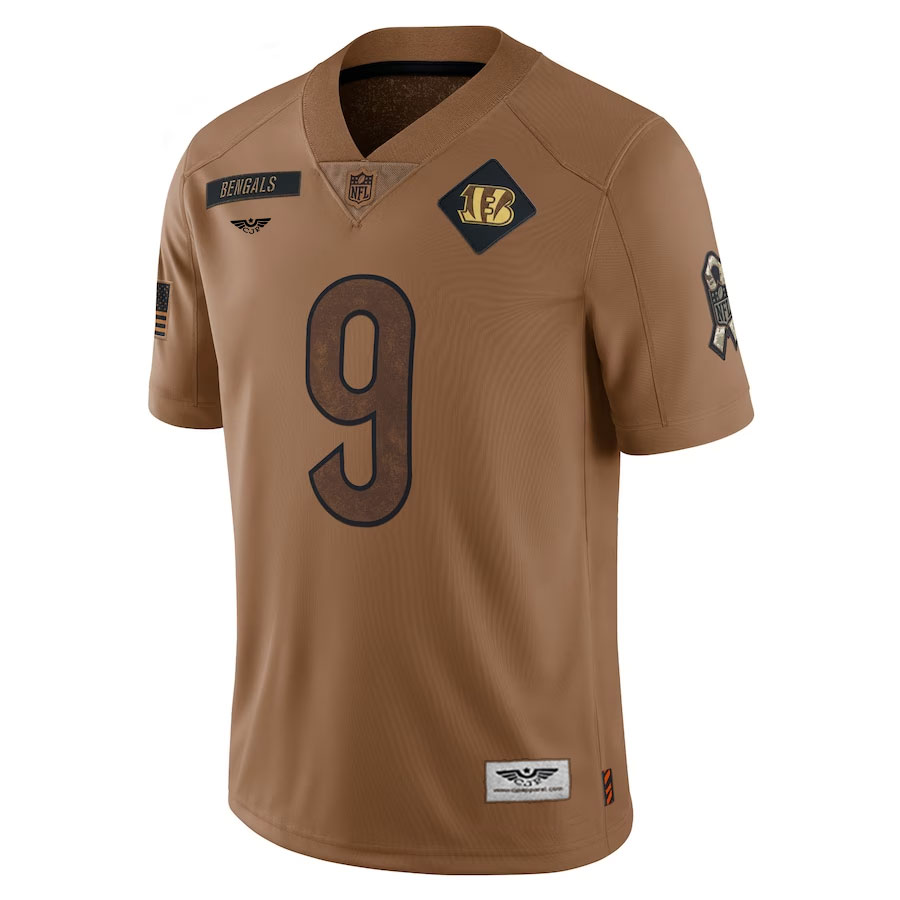 Joe-Burrow-Cincinnati-Bengals-CJP-Apparel-2023-Salute-To-Service-Limited-Jersey---Brown.Furent-Viwe