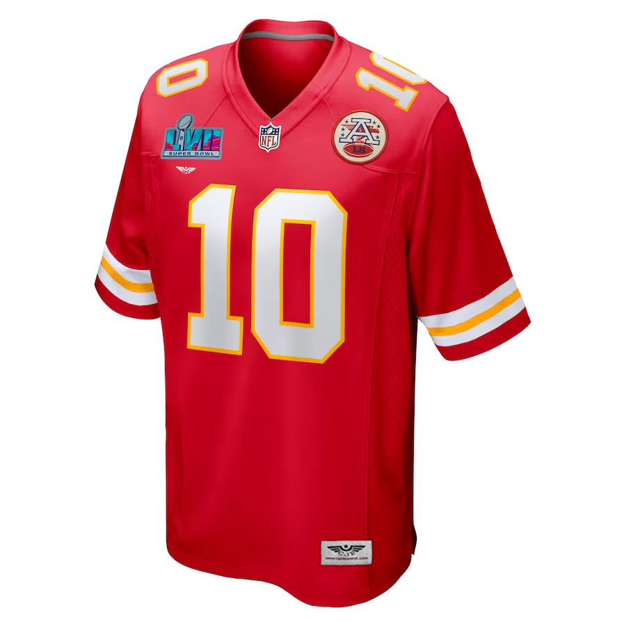 Isiah-Pacheco-Kansas-City-Chiefs-CJP-Apparel-Super-Bowl-LVII-Patch-Game-Jersey---Red.Furent-Viwe