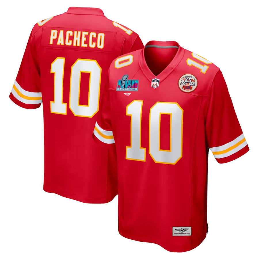 Isiah-Pacheco-Kansas-City-Chiefs-CJP-Apparel-Super-Bowl-LVII-Patch-Game-Jersey---Red