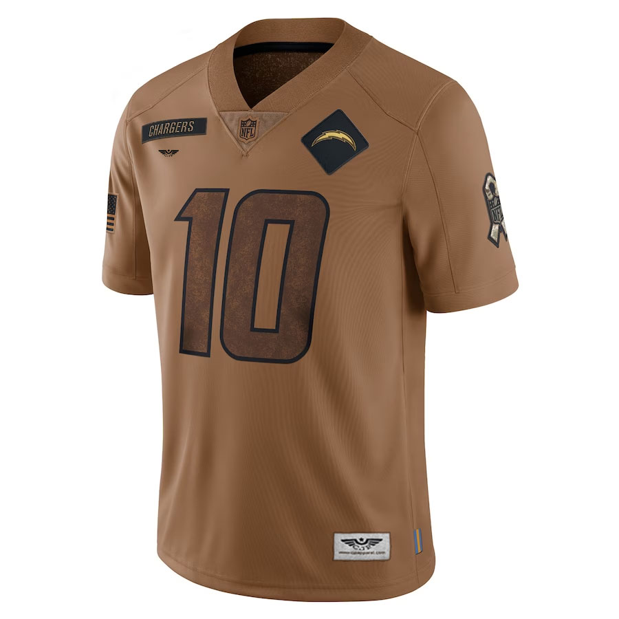 Justin-Herbert-Los-Angeles-Chargers-CJP-Apparel-2023-Salute-To-Service-Limited-Jersey---Brown.Furent-Viwe