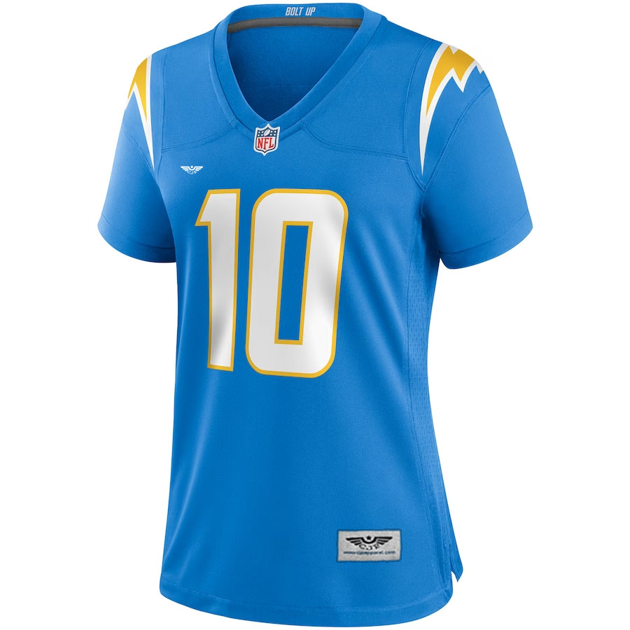 Justin-Herbert-Los-Angeles-Chargers-CJP-Apparel-Women's-Player-Game-Jersey---Powder-Blue.Furent-viwe