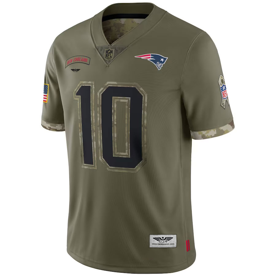 Mac-Jones-New-England-Patriots-CJP-Apparel-2022-Salute-To-Service-Limited-Jersey---Olive Furent Viwe