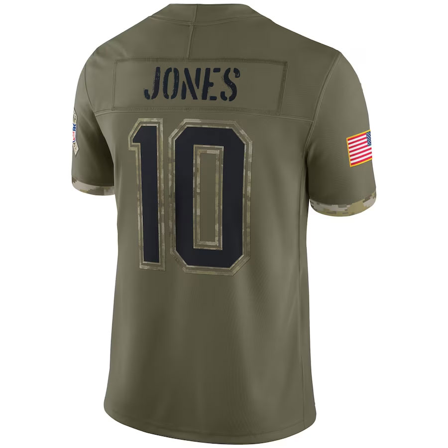 Mac-Jones-New-England-Patriots-CJP-Apparel-2022-Salute-To-Service-Limited-Jersey---Olive.Bck-Viwe