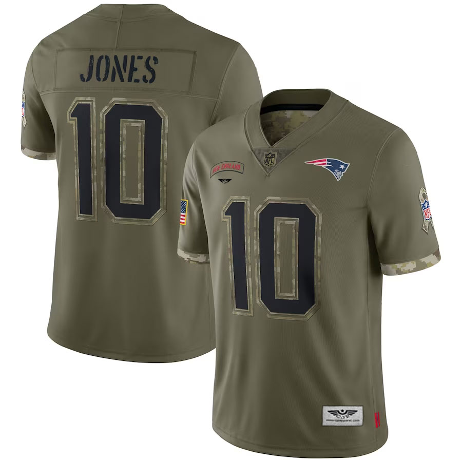 Mac-Jones-New-England-Patriots-CJP-Apparel-2022-Salute-To-Service-Limited-Jersey---Olive