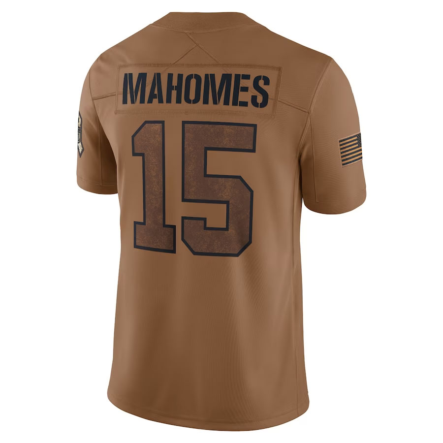 Patrick-Mahomes-Kansas-City-Chiefs-CJP-Apparel-2023-Salute-To-Service-Limited-Jersey---Brown.Back-Viwe