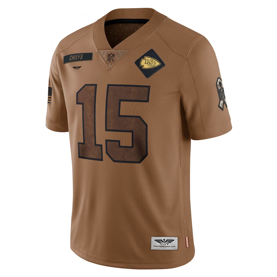 Patrick-Mahomes-Kansas-City-Chiefs-CJP-Apparel-2023-Salute-To-Service-Limited-Jersey---Brown.Furent-Viwe
