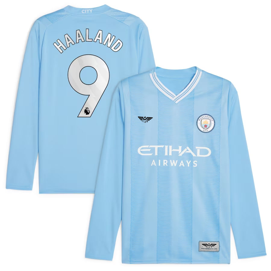 Erling-Haaland-Manchester-City-CJP-Apparel-202324-Home-New-Player-Long-Sleeve-Jersey---Sky-Blue